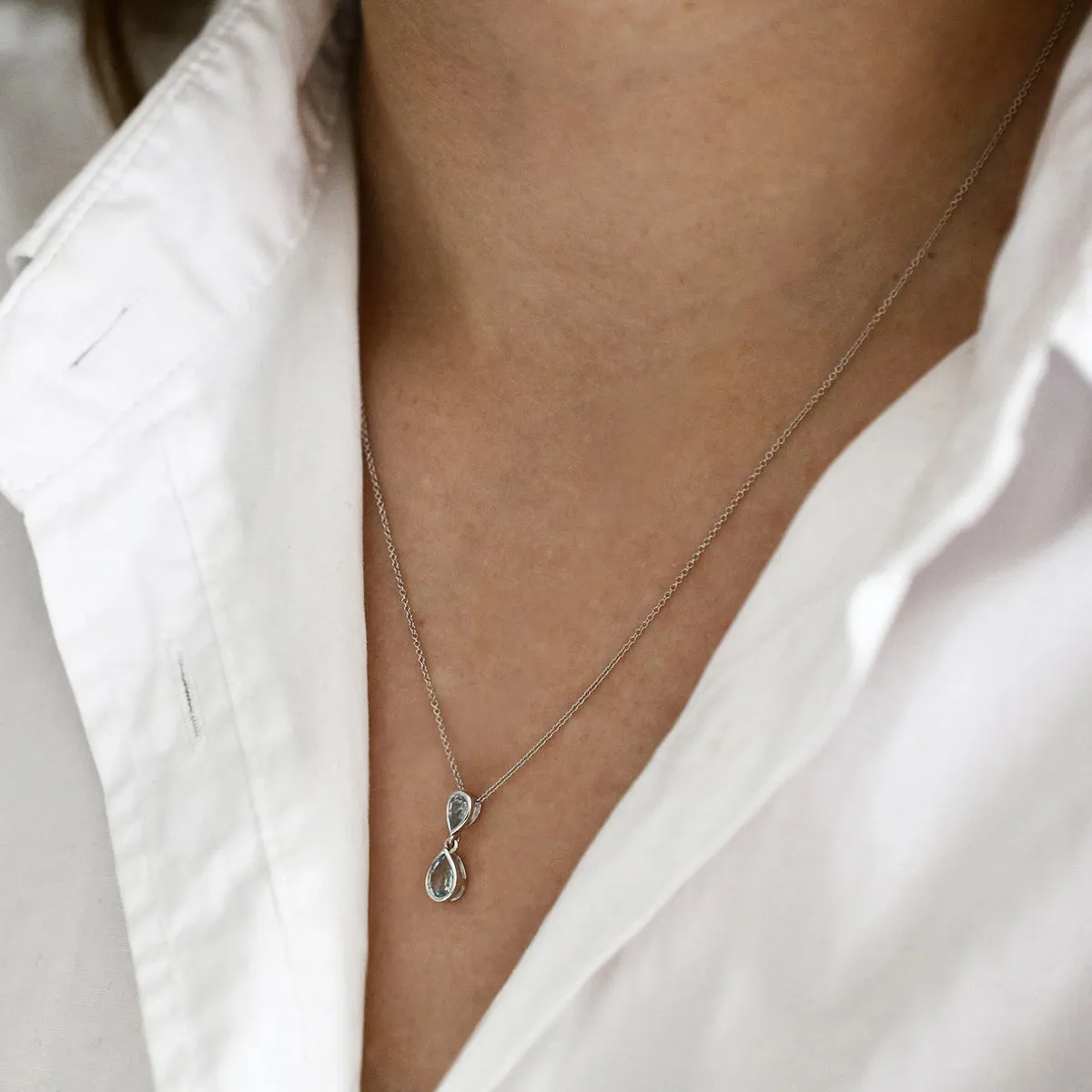 Bijou Collection 18" 0.50ct Aquamarine Double Pear Drop Necklace  | 9K White Gold