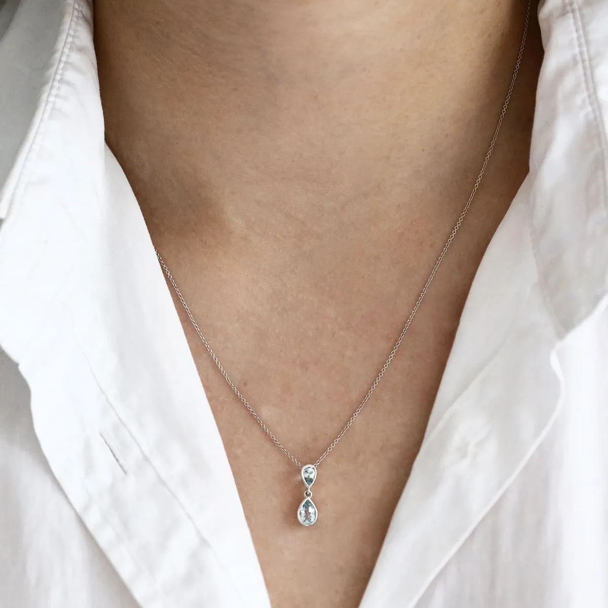 Bijou Collection 18" 0.50ct Aquamarine Double Pear Drop Necklace  | 9K White Gold