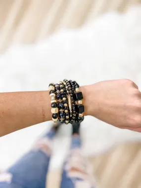 Black Assorted Bead And Coin Charm Bracelet Set