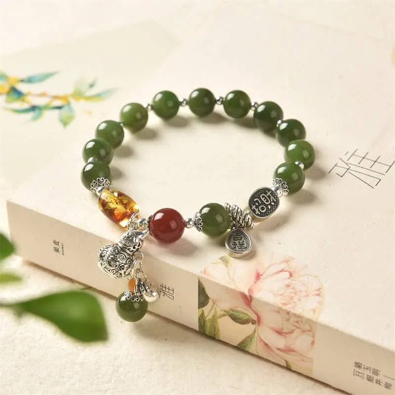 Buddha Stones 925 Sterling Silver Hetian Cyan Jade Gourd Amber Success Bracelet