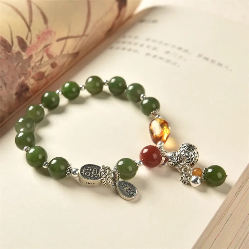 Buddha Stones 925 Sterling Silver Hetian Cyan Jade Gourd Amber Success Bracelet
