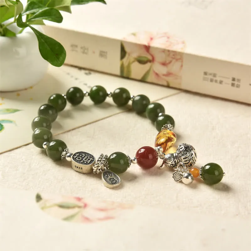 Buddha Stones 925 Sterling Silver Hetian Cyan Jade Gourd Amber Success Bracelet