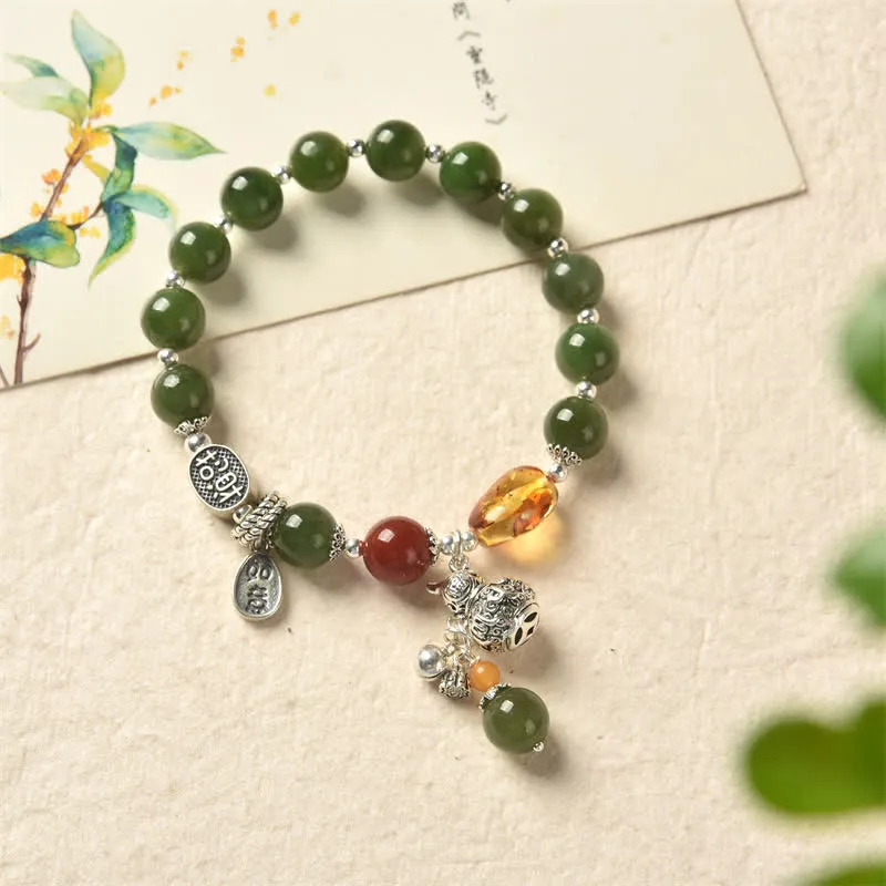 Buddha Stones 925 Sterling Silver Hetian Cyan Jade Gourd Amber Success Bracelet