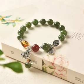 Buddha Stones 925 Sterling Silver Hetian Cyan Jade Gourd Amber Success Bracelet