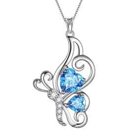 Butterfly Birthstone March Aquamarine Necklace Women Girls Jewelry Birthday Gift Sterling Silver