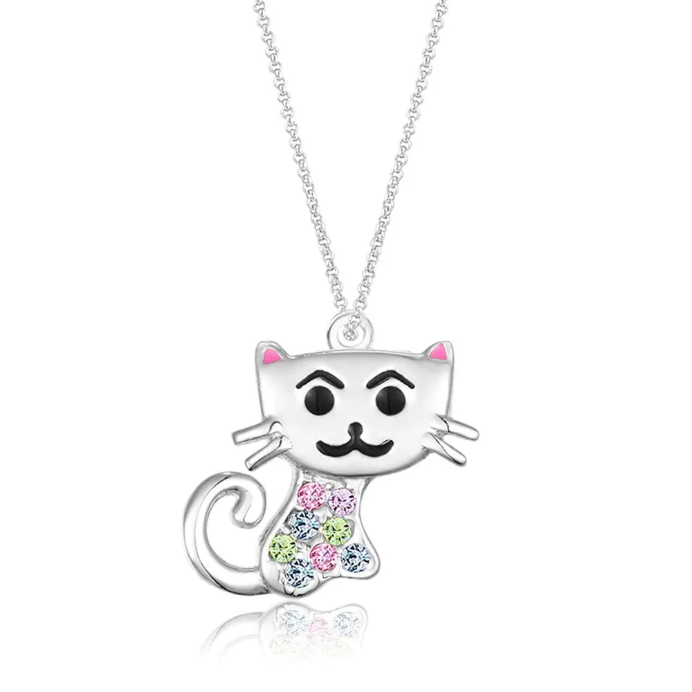 Cat Multicolor Crystal Palladium Plating Girls Pendant Necklace