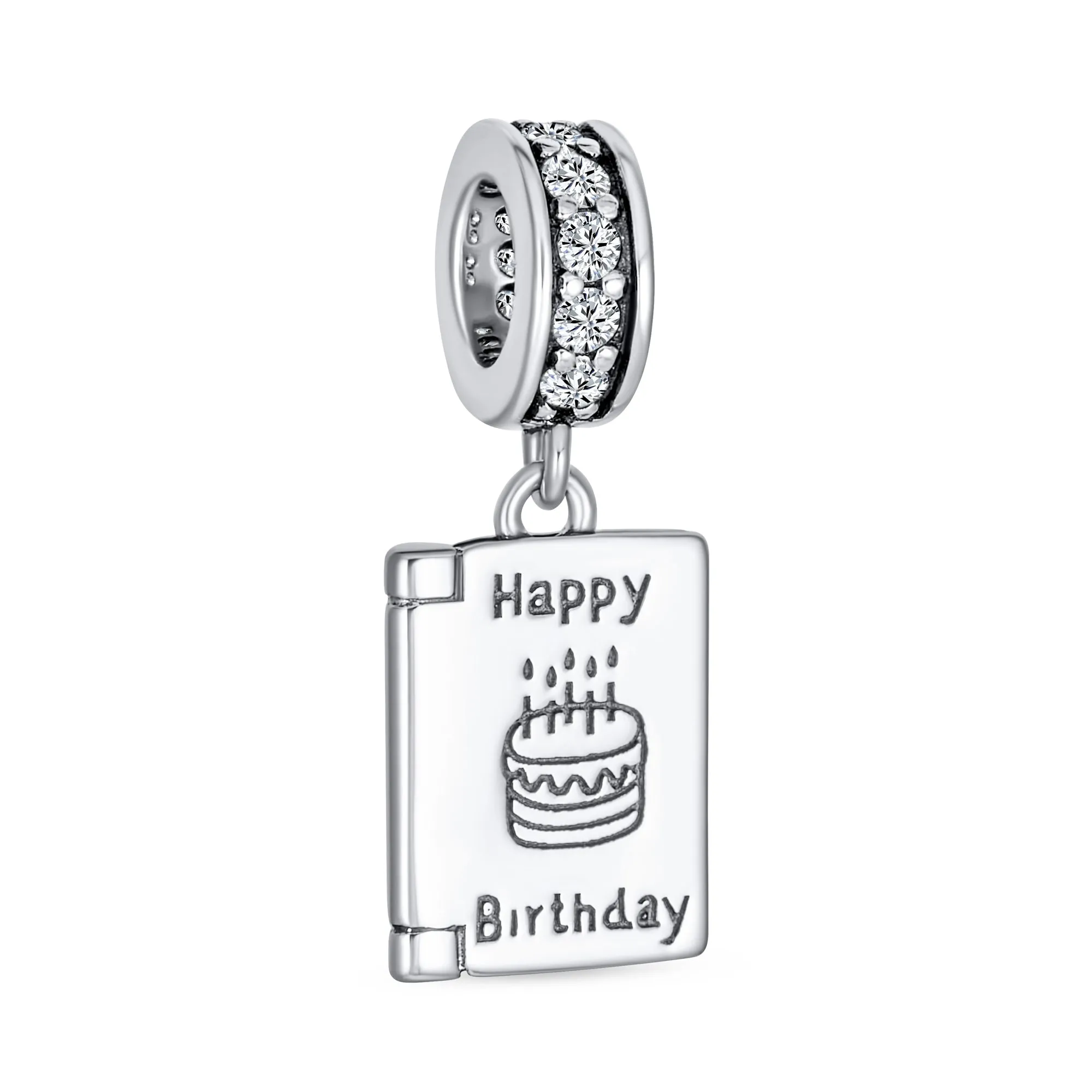 Celebration Book Words Happy Birthday Cake Cone Charm Bead .925 Silver