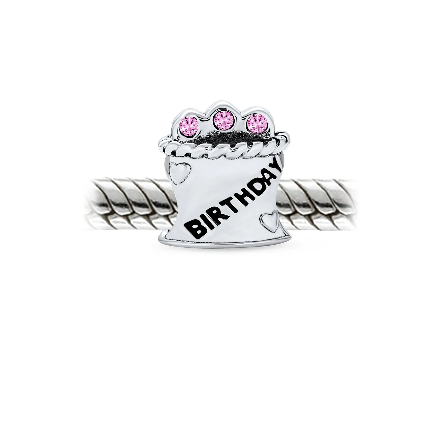 Celebration Book Words Happy Birthday Cake Cone Charm Bead .925 Silver