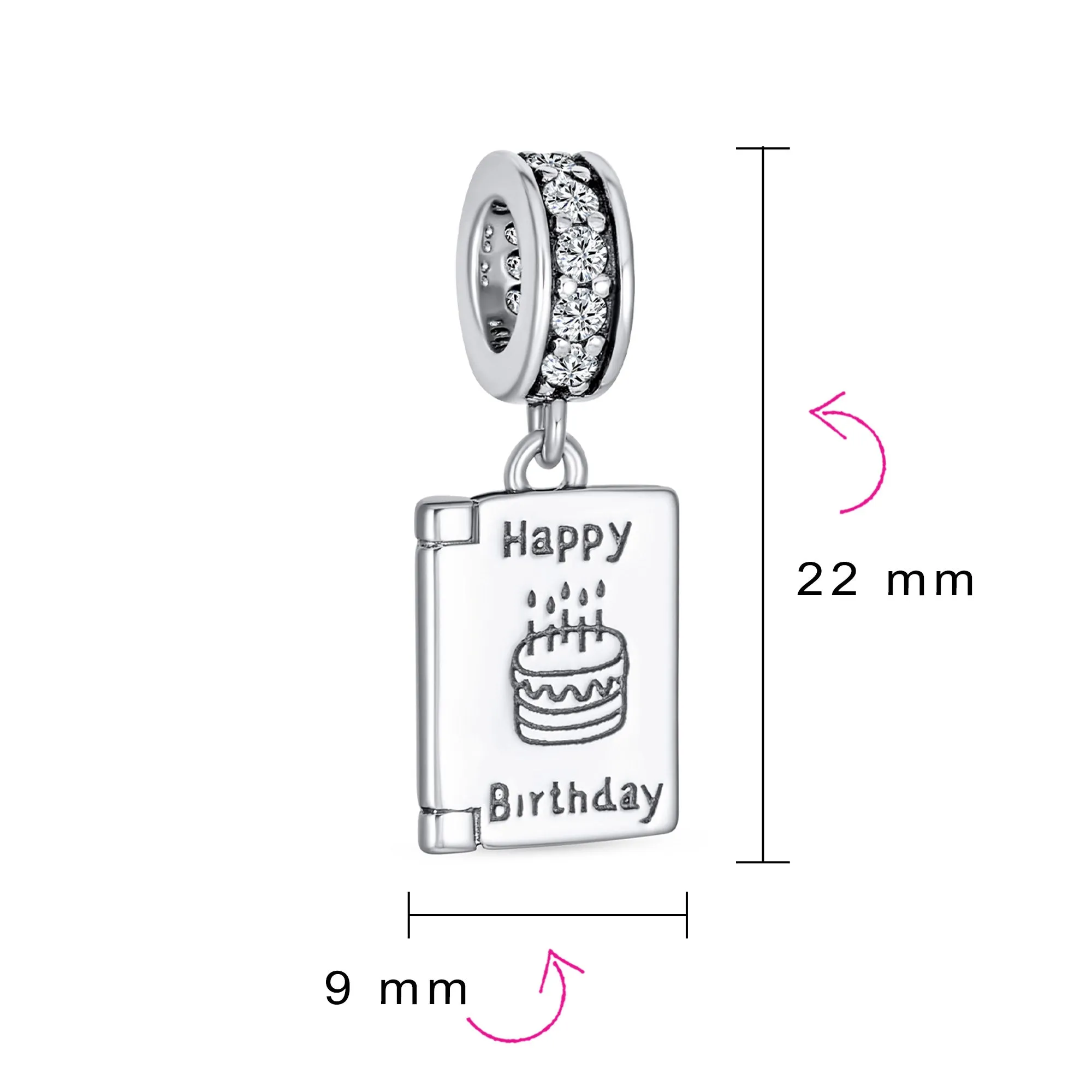 Celebration Book Words Happy Birthday Cake Cone Charm Bead .925 Silver