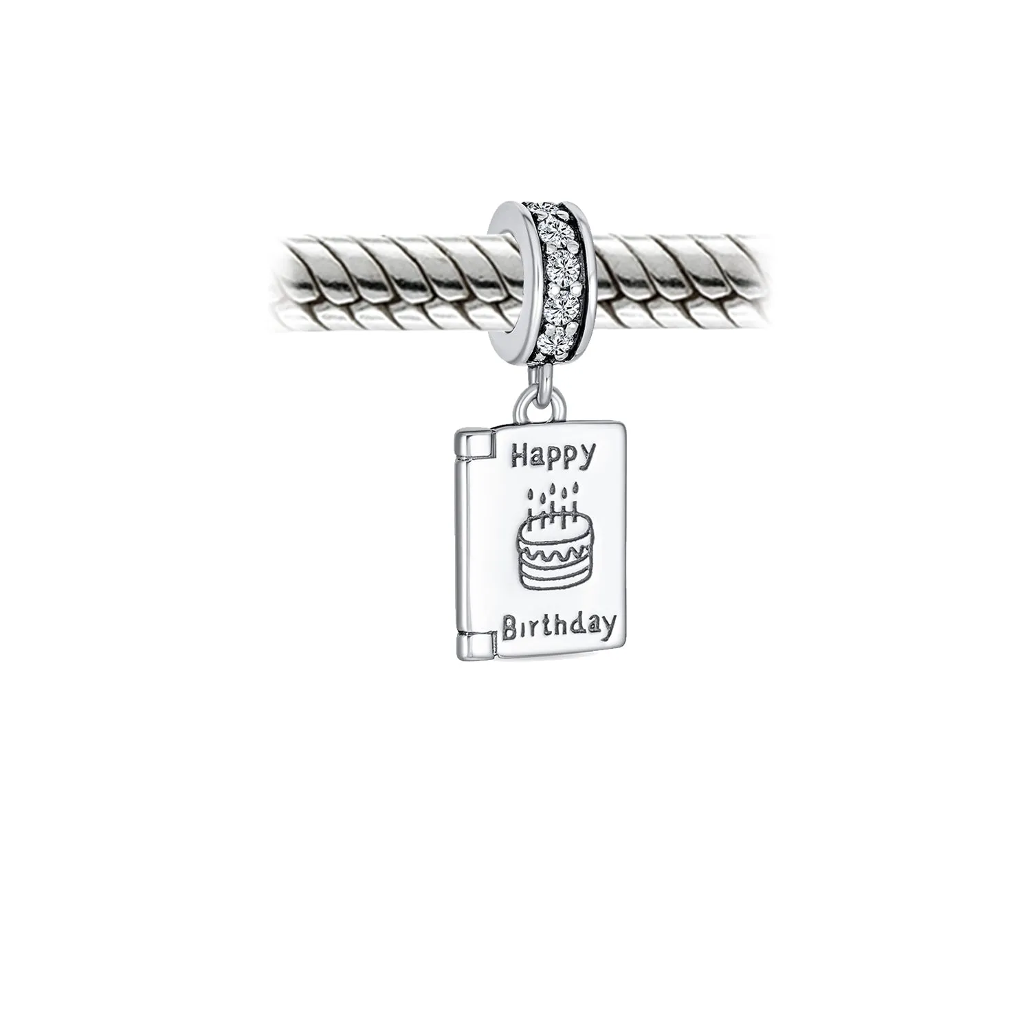 Celebration Book Words Happy Birthday Cake Cone Charm Bead .925 Silver