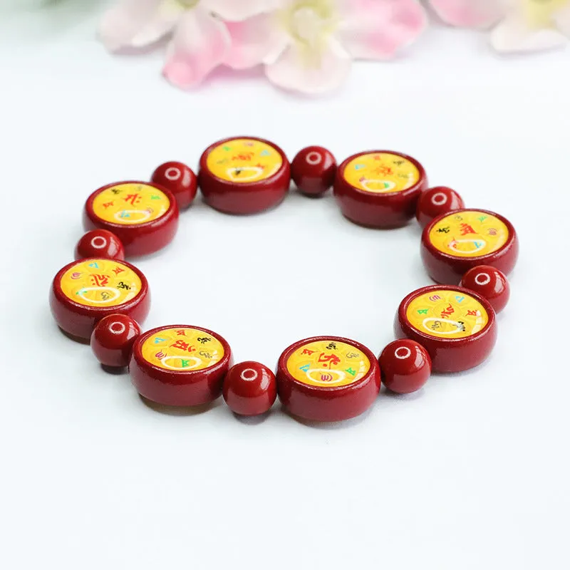 Cinnabar Stone Sterling Silver Bracelet with Six Character Proverbs