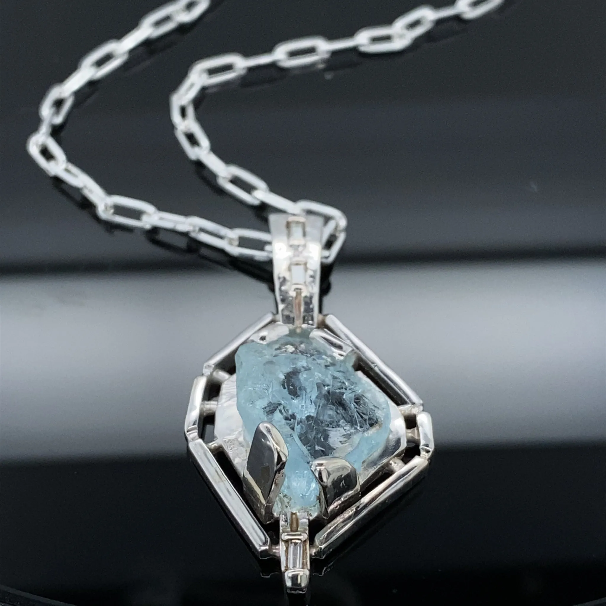 Clear Springs Raw Aquamarine - Diamond Pendant