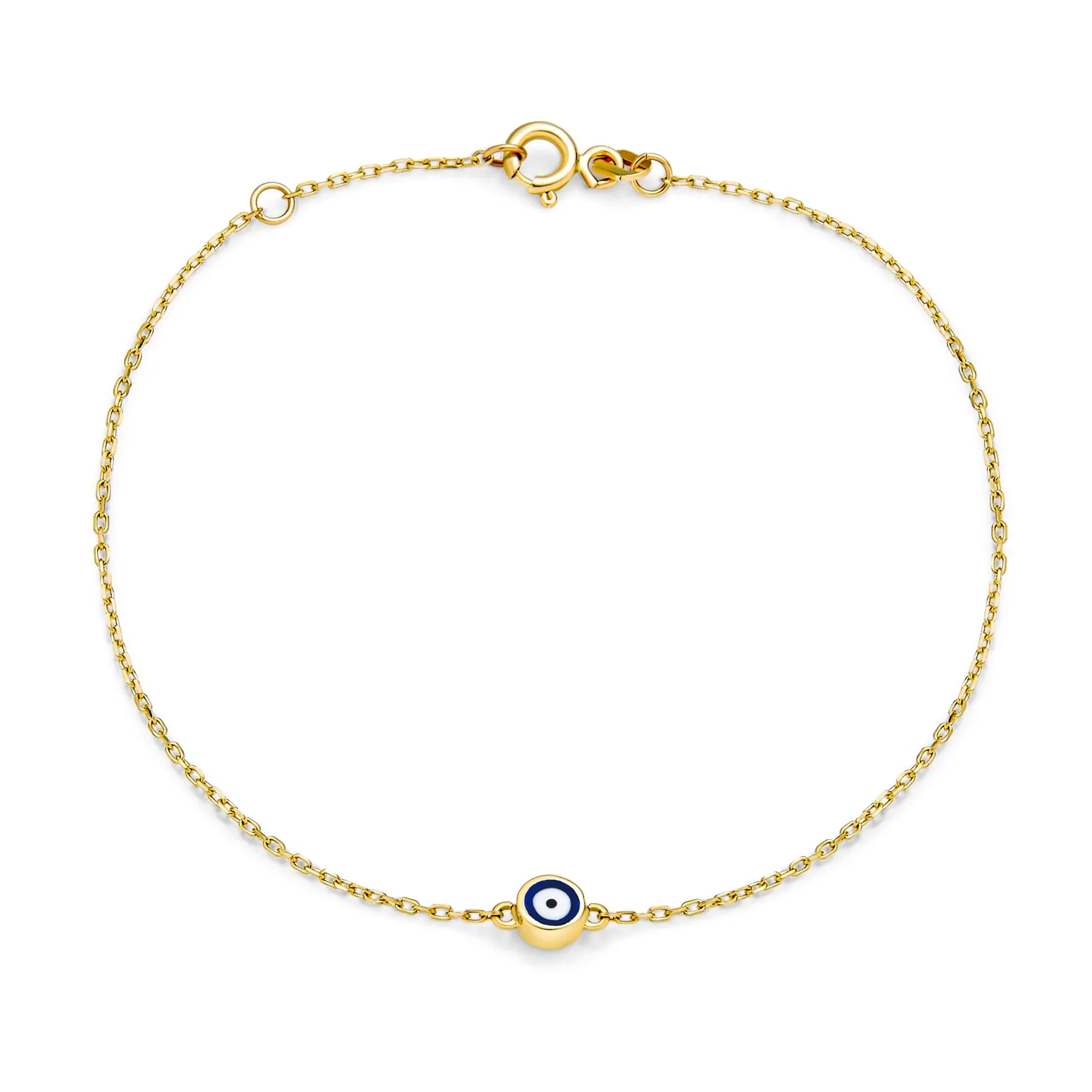 Delicate Yellow Real 14K Gold Blue Evil Eye Charm Bracelet 6.5-7"