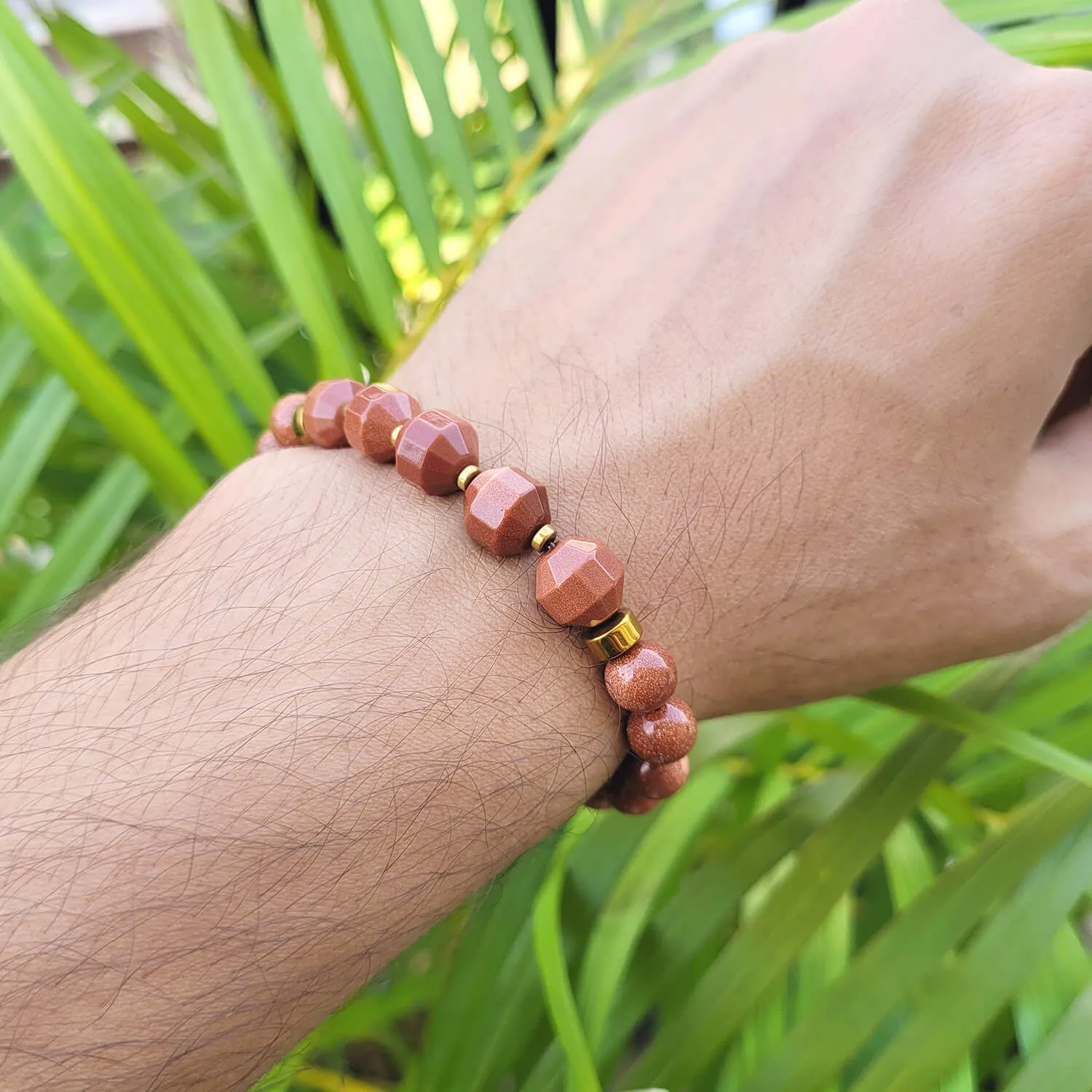 Diamond Cut Golden Sunstone With Golden Hematite Natural Stone Bracelet