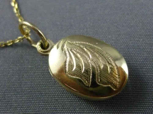ESTATE 14KT YELLOW GOLD 3D OVAL HAND ETCHED LOCKET FLOATING PENDANT #25178