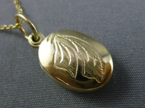 ESTATE 14KT YELLOW GOLD 3D OVAL HAND ETCHED LOCKET FLOATING PENDANT #25178