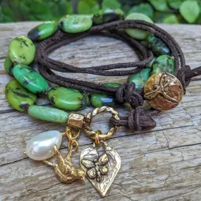 Forest Green Chrysoprase Bird & Butterfly Charm Wrap Bracelet-Necklace 2in1