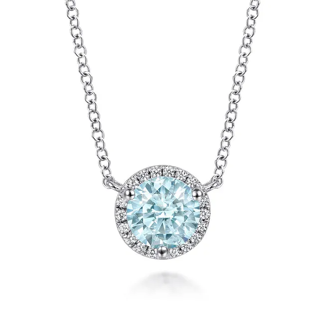 Gabriel & Co.Aquamarine and Diamond Halo Pendant Necklace