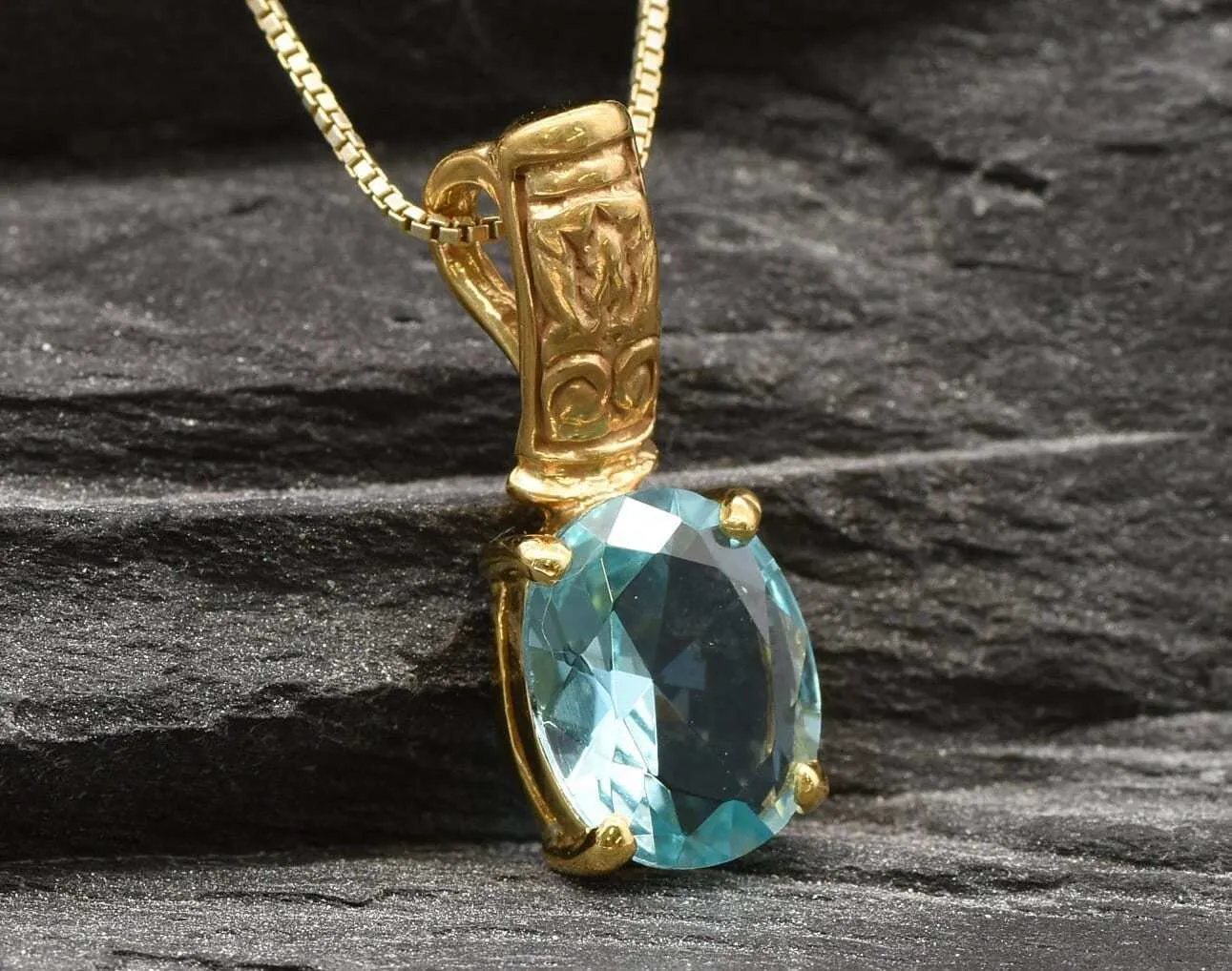 Gold Aqua Pendant - Blue Aquamarine Necklace, Gold Egyptian Pendant