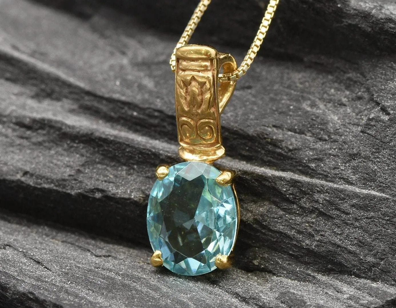 Gold Aqua Pendant - Blue Aquamarine Necklace, Gold Egyptian Pendant