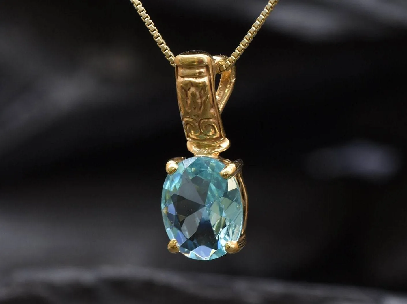 Gold Aqua Pendant - Blue Aquamarine Necklace, Gold Egyptian Pendant