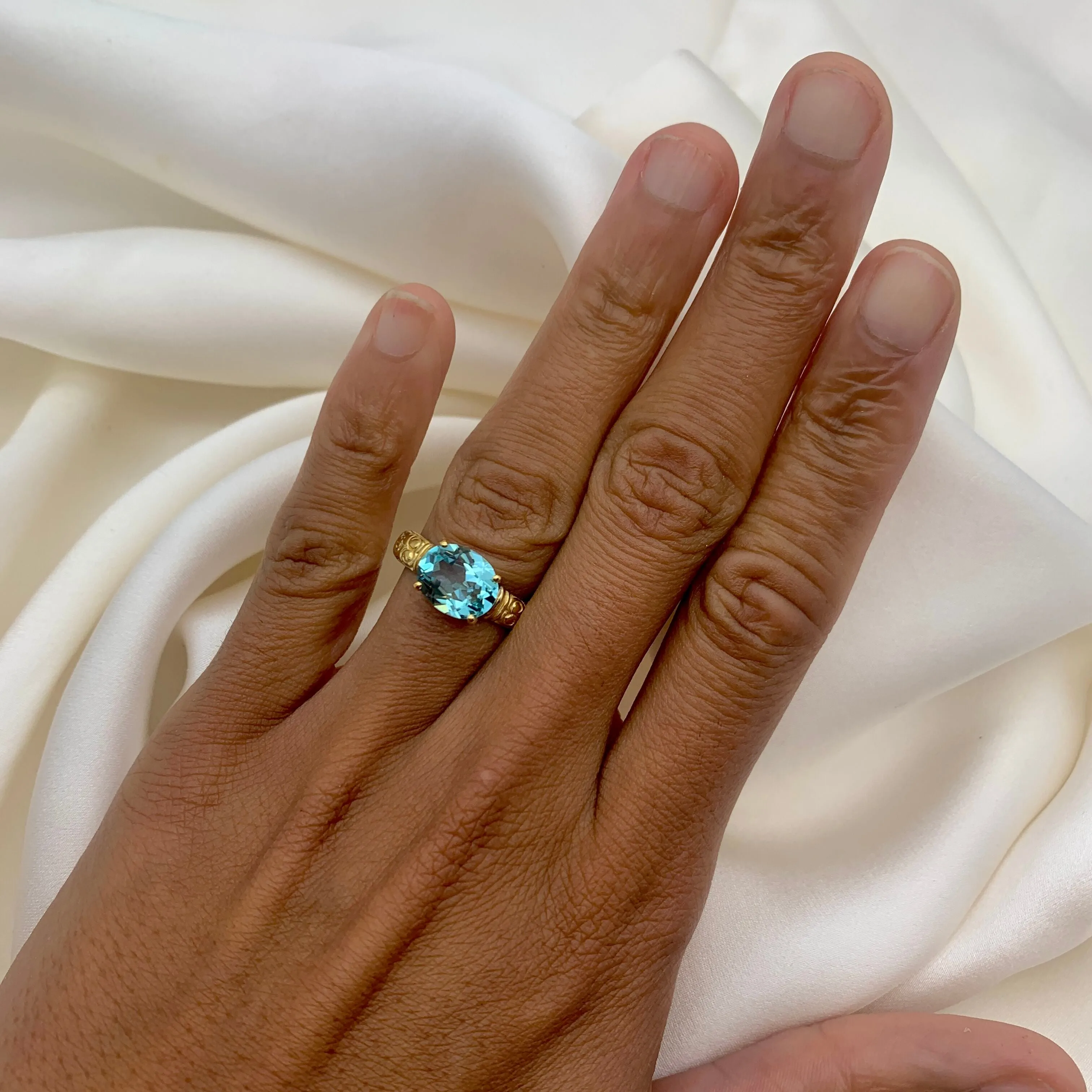 Gold Aquamarine Ring - Blue Horizontal Ring, Blue Diamond Ring