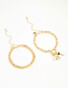 Gold Plated Chain & Lock Charm Bracelets 2-Pack
