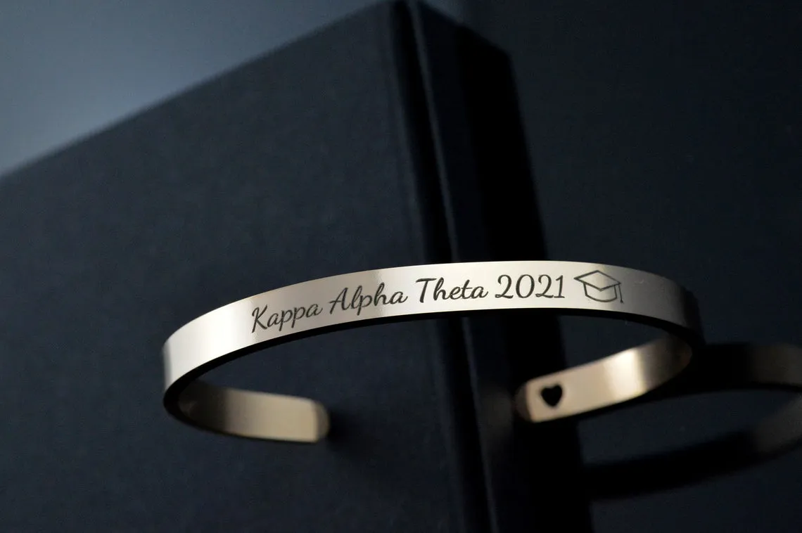 Graduation Cuff bracelet, Sorority Bracelet, Graduation Gifts for Him and Her, Custom Personalized Adjustable Bracelets, College University