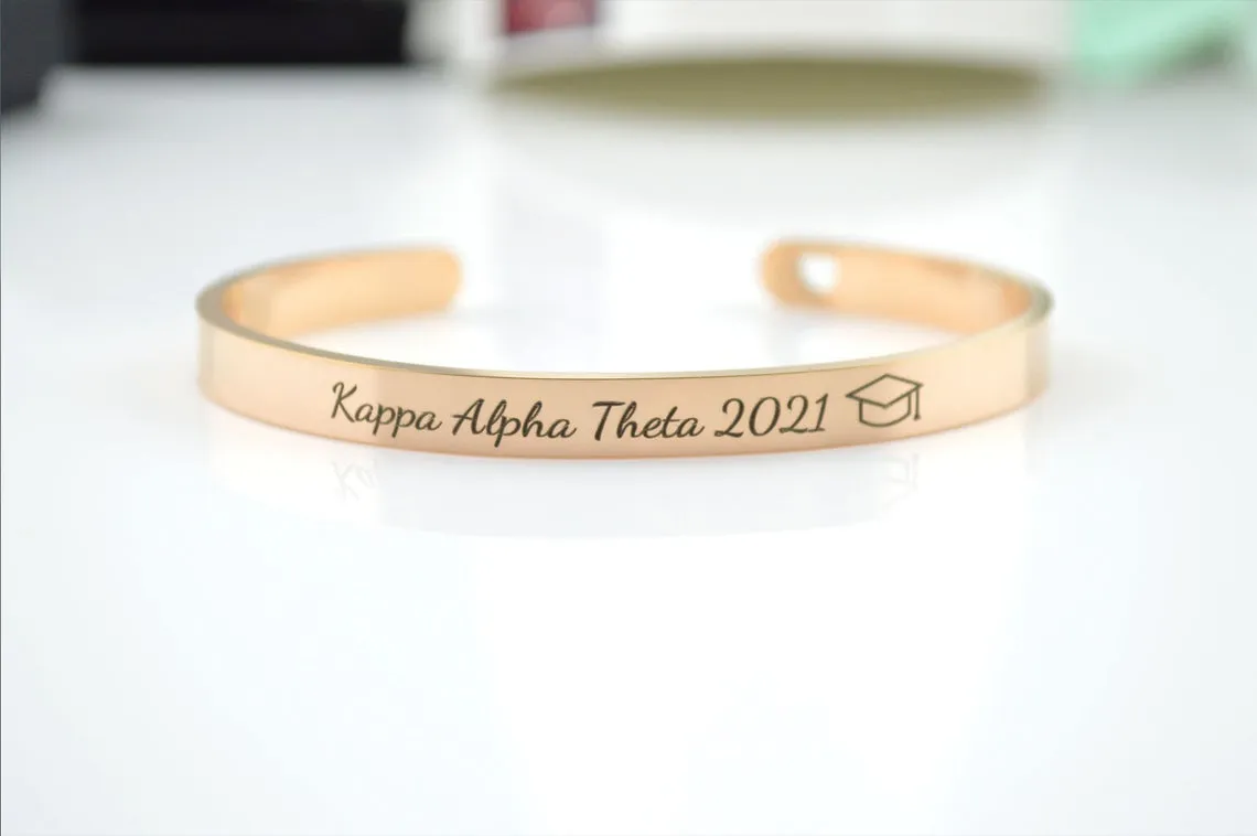 Graduation Cuff bracelet, Sorority Bracelet, Graduation Gifts for Him and Her, Custom Personalized Adjustable Bracelets, College University