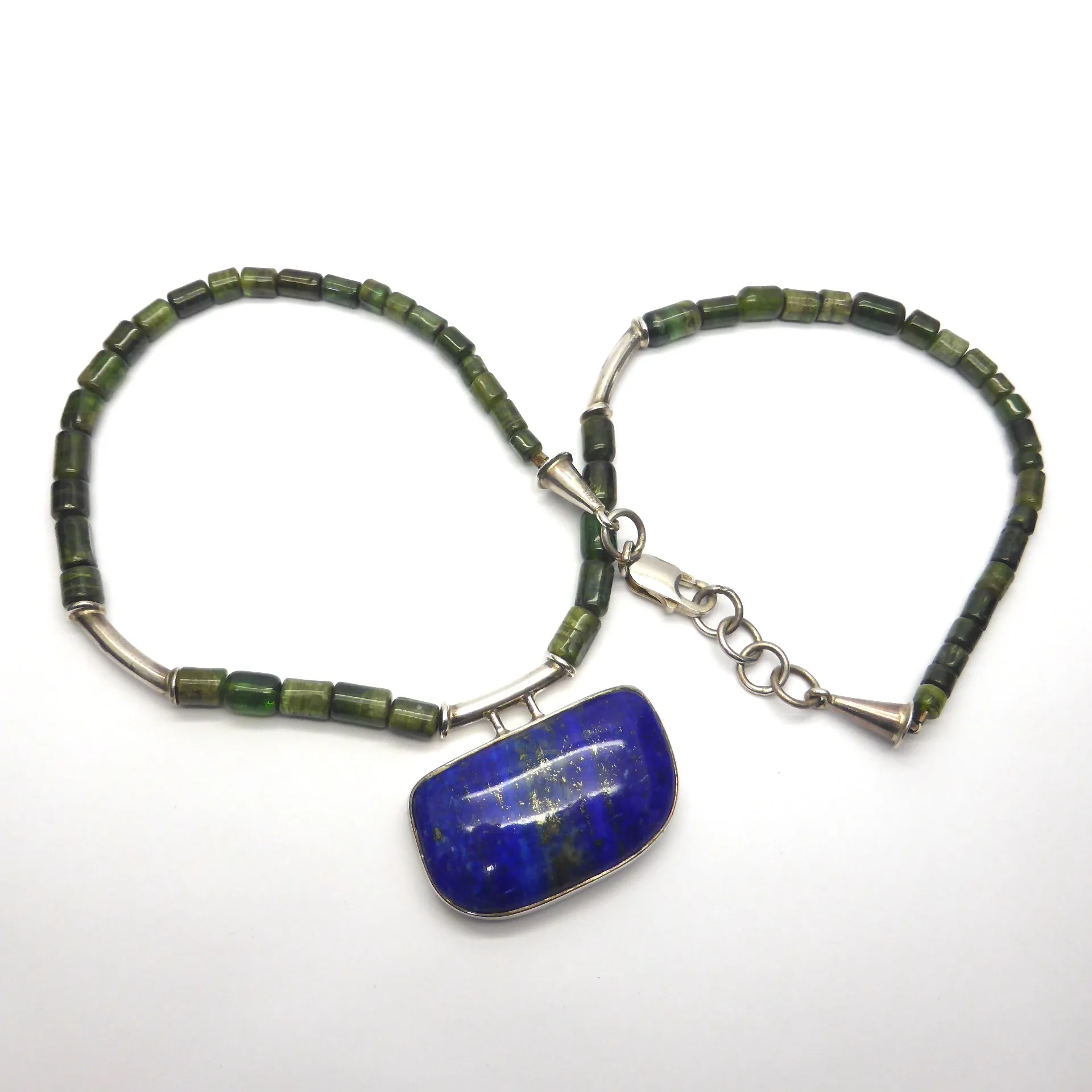Green Tourmaline Necklace with Lapis, 925 Silver, kt