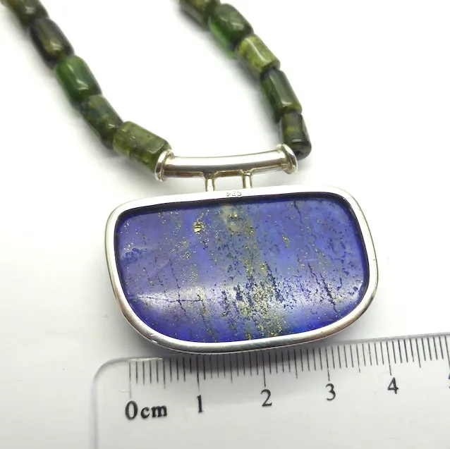 Green Tourmaline Necklace with Lapis, 925 Silver, kt