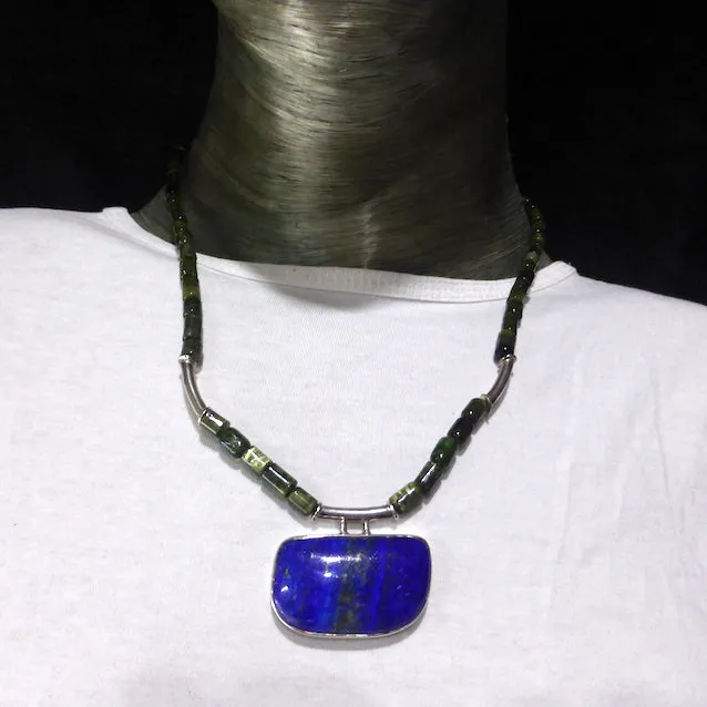 Green Tourmaline Necklace with Lapis, 925 Silver, kt