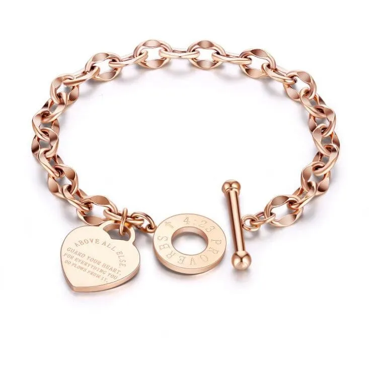 Guard Your Heart Christian Bracelet Proverbs 4:23 Stainless Steel Rose Yellow or White Gold Plated