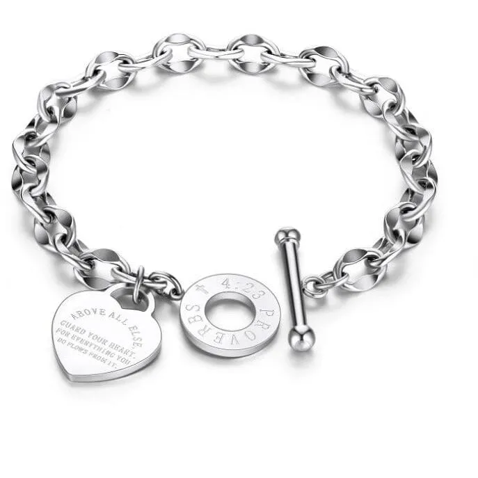 Guard Your Heart Christian Bracelet Proverbs 4:23 Stainless Steel Rose Yellow or White Gold Plated
