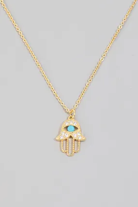 Hamsa Hand Blue Eye Rhinestone Necklace in Gold