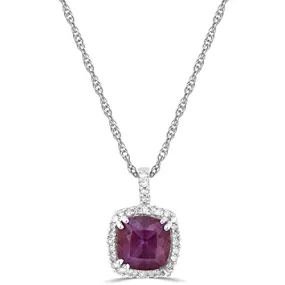 Jewelili 10K White Gold with 1/12 Cttw Diamonds and Created Alexandrite Halo Pendant Necklace