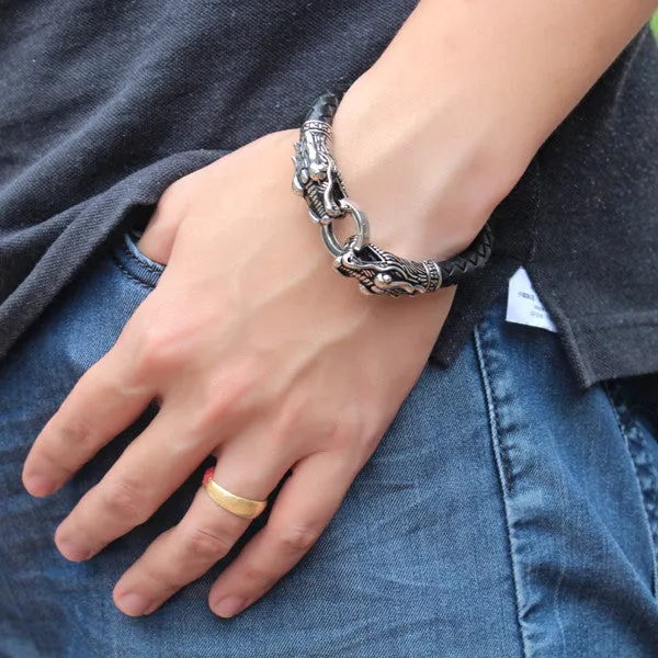 Leather Tibetan silver men bracelet titanium fashion male vintage accessories parataxis dragon bracelet men jewelry