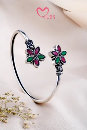 Maroon & Green Oxidized Floral Charm Kundan Cuff Bracelet