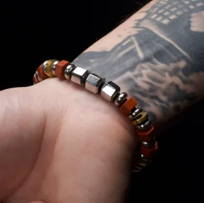 Men's 8mm Mokume Gane and Red Jasper Beads Bushido Virtue Bracelet, 8.25"