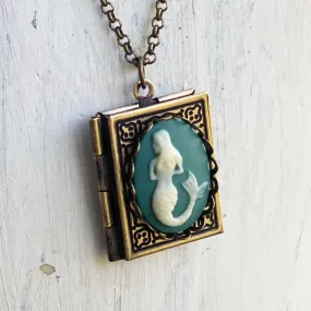 Mermaid Cameo Book Locket in Antique Brass or Silver