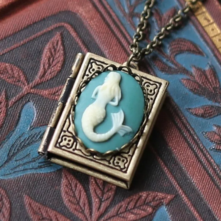 Mermaid Cameo Book Locket in Antique Brass or Silver
