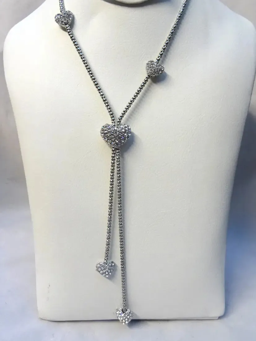 Multi Small Crystal Love Heart Silver Long Necklace For Girls Ladies UK Dispatch