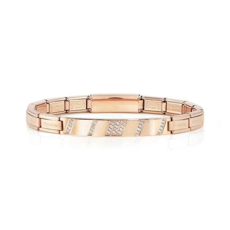 Nomination Trendsetter New York Bracelet, Diagonal Plate, Cubic Zirconia, Rose PVD, Stainless Steel