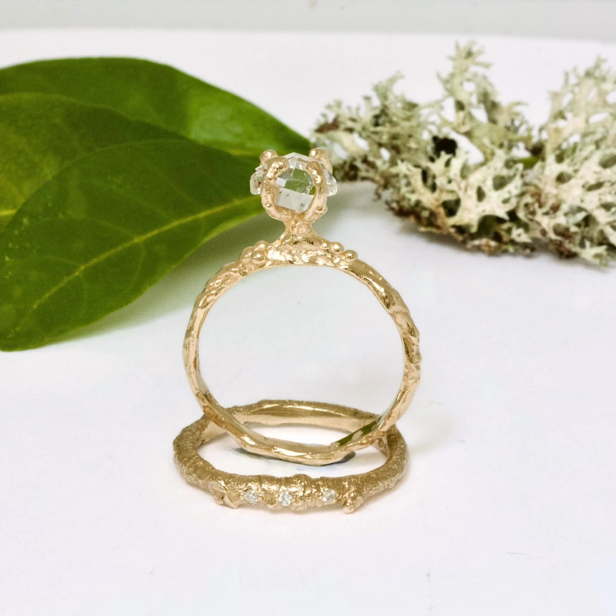 Organic Earth Engagement Ring, Herkimer Quartz Diamond 9ct Gold Ring