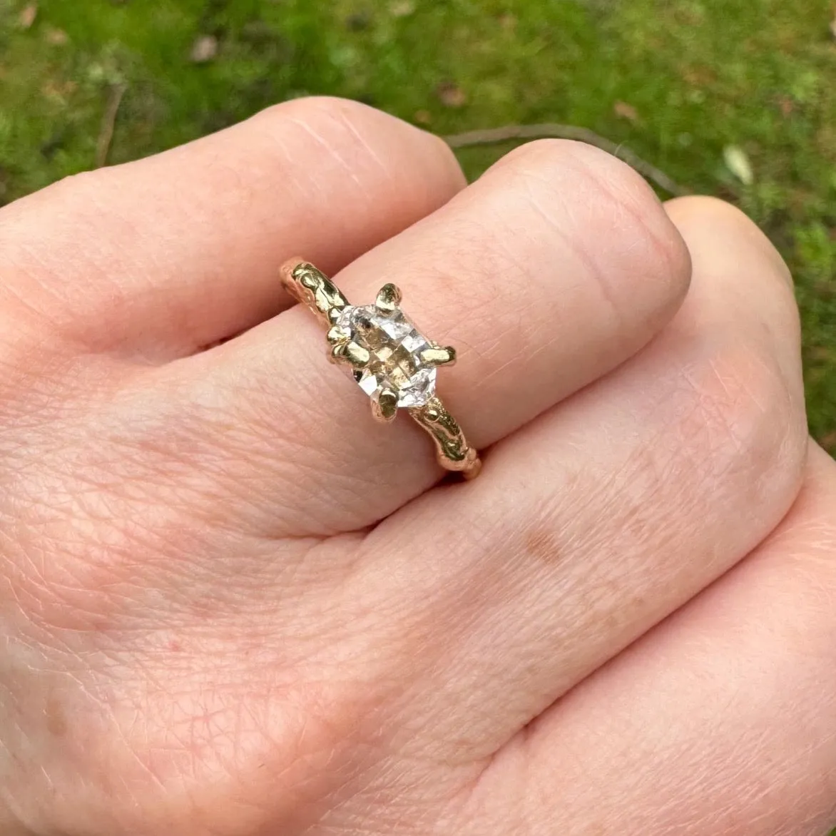 Organic Earth Engagement Ring, Herkimer Quartz Diamond 9ct Gold Ring