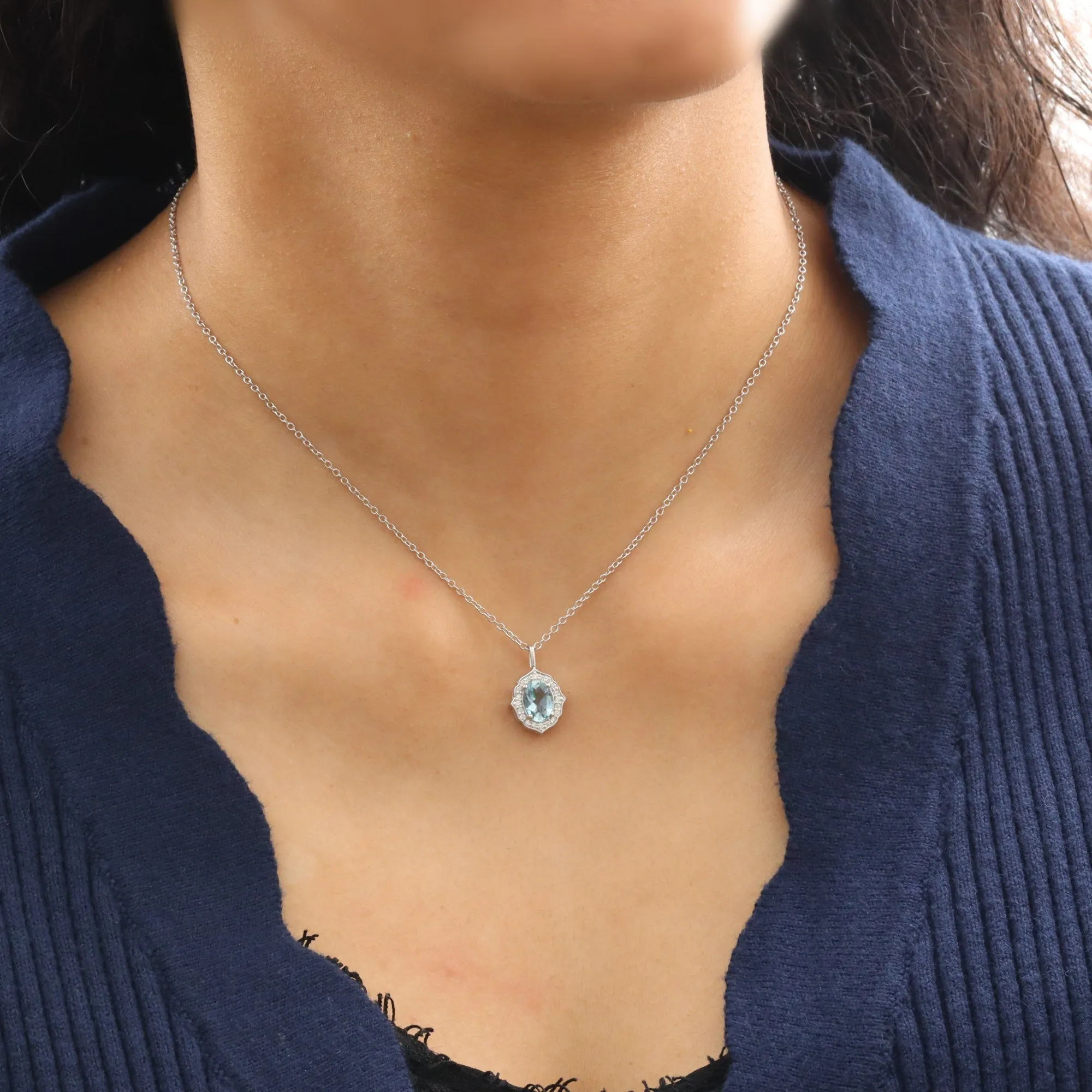 Oval Aquamarine Diamond Necklace in 14k Gold Vintage Floral Halo Pendant
