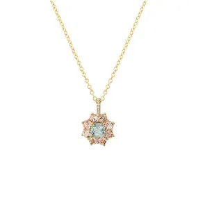 Petite Statement Morganite Flower Pendant Necklace with Aquamarine Center