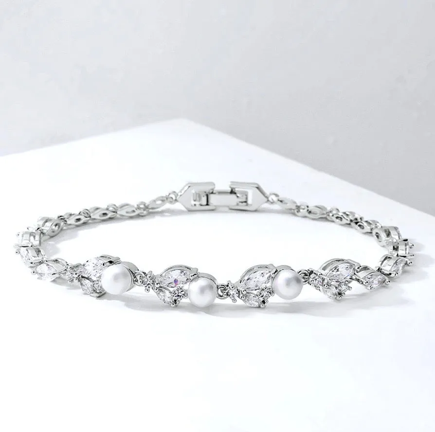 "Senna" - Pearl and Cubic Zirconia Bridal Bracelet - Available in Silver, Rose Gold and Yellow Gold
