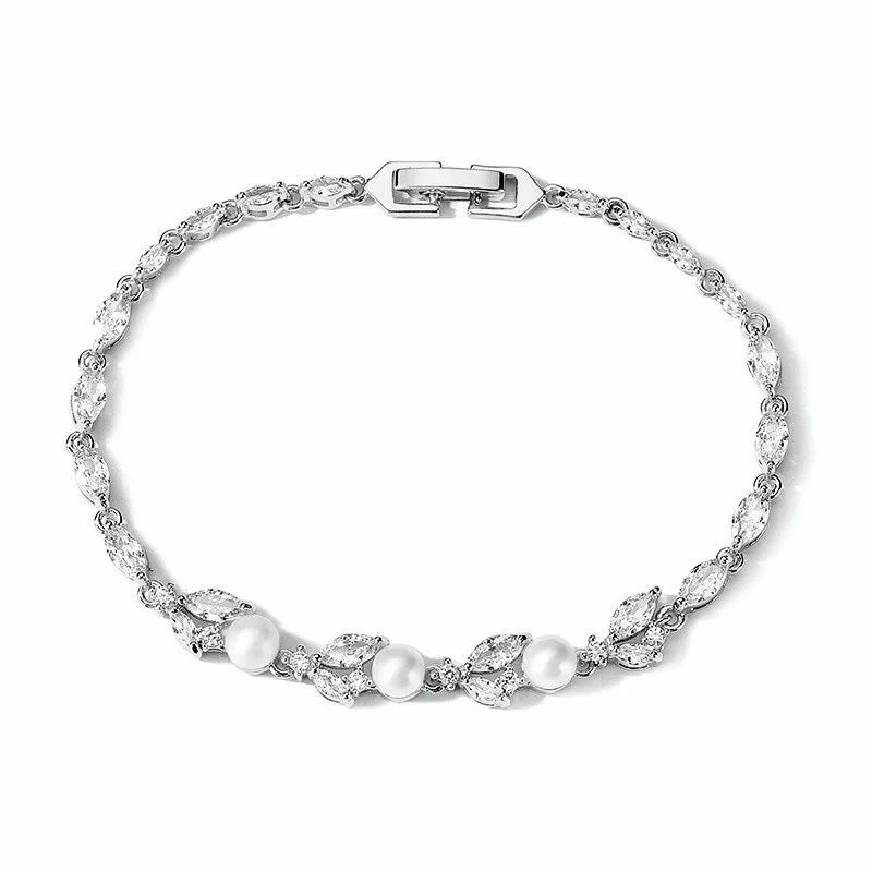 "Senna" - Pearl and Cubic Zirconia Bridal Bracelet - Available in Silver, Rose Gold and Yellow Gold