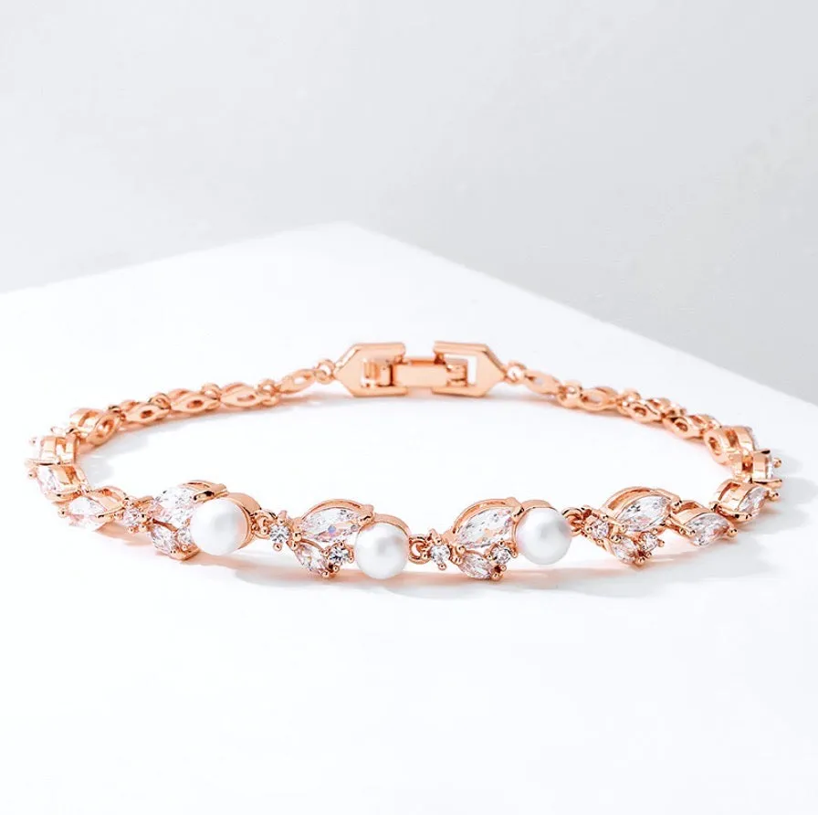 "Senna" - Pearl and Cubic Zirconia Bridal Bracelet - Available in Silver, Rose Gold and Yellow Gold